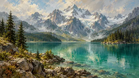 Emerald lake below snow peaks – tonal oil painting Frame TV art