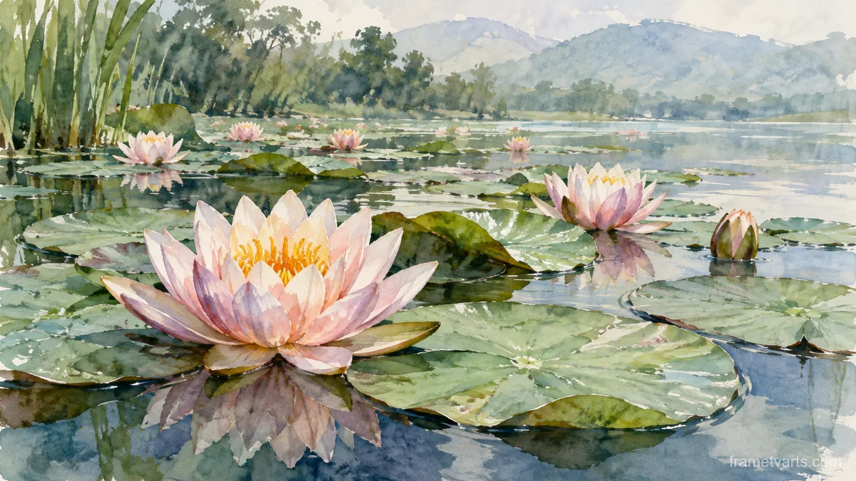 Water lilies floating among broad leaves – botanical watercolor Samsung Frame TV art, 4K