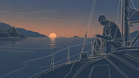 Sailor preparing ropes on a quiet boat – minimal continuous-line illustration Frame TV art
