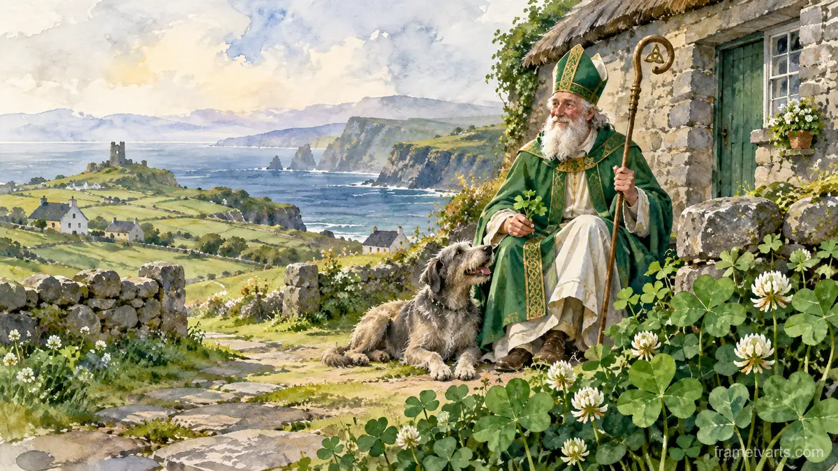 St Patrick shamrocks beside a rustic stone cottage – elegant watercolor Samsung Frame TV art, 4K