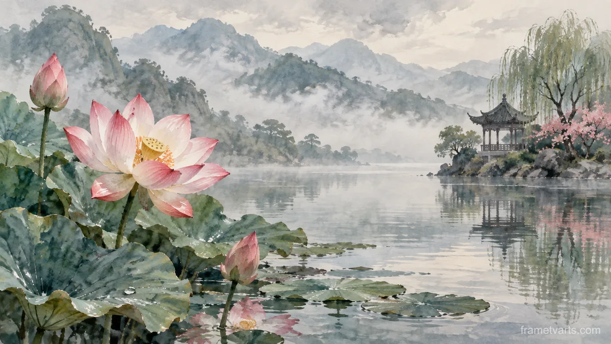 Lotus flower above still water – subtle watercolor Samsung Frame TV art, 4K