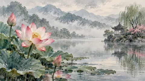 Lotus flower above still water – subtle watercolor Frame TV art