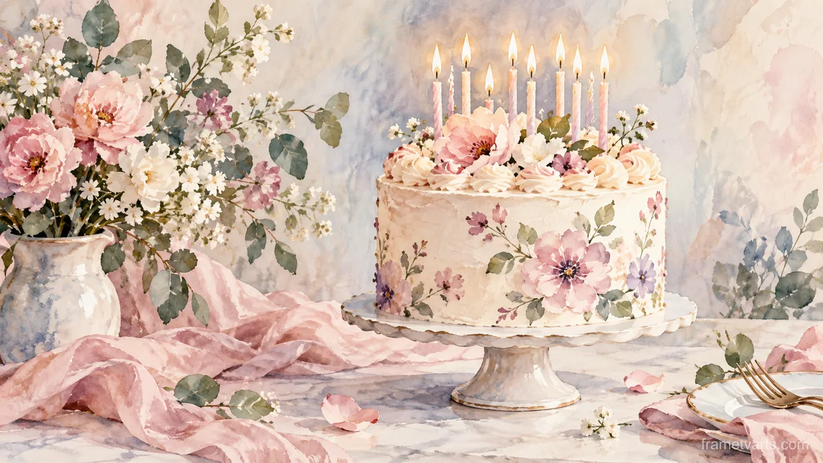 Elegant birthday cake with plain candles without text – delicate watercolor keepsake composition Samsung Frame TV art, 4K