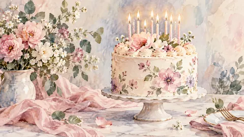 Elegant birthday cake with plain candles without text – delicate watercolor keepsake composition Frame TV art