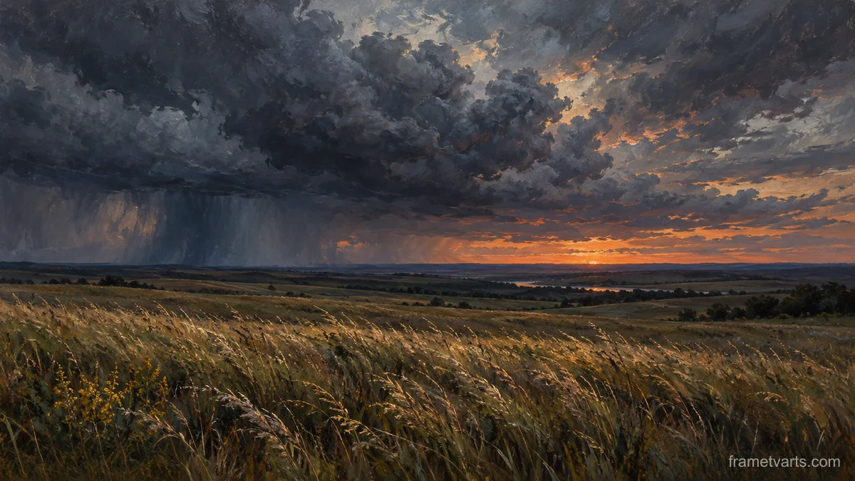 Prairie grass rippling beneath storm clouds – tonal oil painting Samsung Frame TV art, 4K