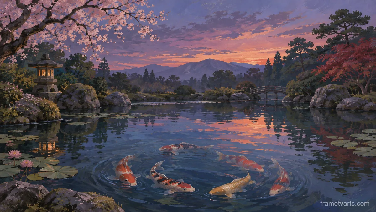 Koi fish circling among pond reflections – naturalist gouache Samsung Frame TV art, 4K