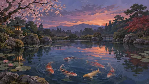Koi fish circling among pond reflections – naturalist gouache Frame TV art