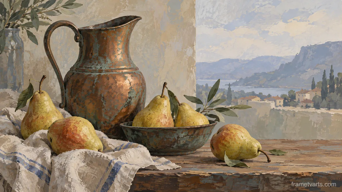 Pears beside a weathered copper jug – modern gouache still life Samsung Frame TV art, 4K