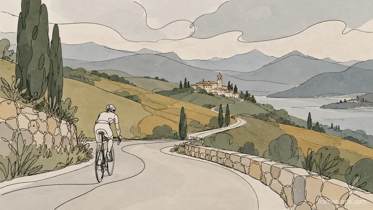 Cyclist on a winding country road – minimal continuous-line illustration Samsung Frame TV art, 4K