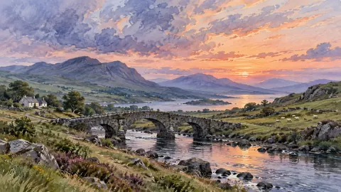 Irish green hills and an old stone bridge – elegant watercolor Frame TV art
