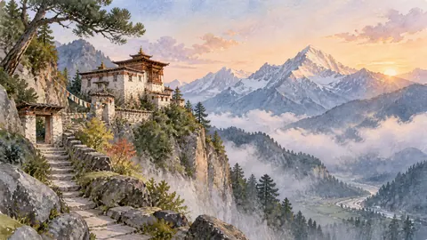 Mountain monastery at dawn – subtle watercolor Frame TV art