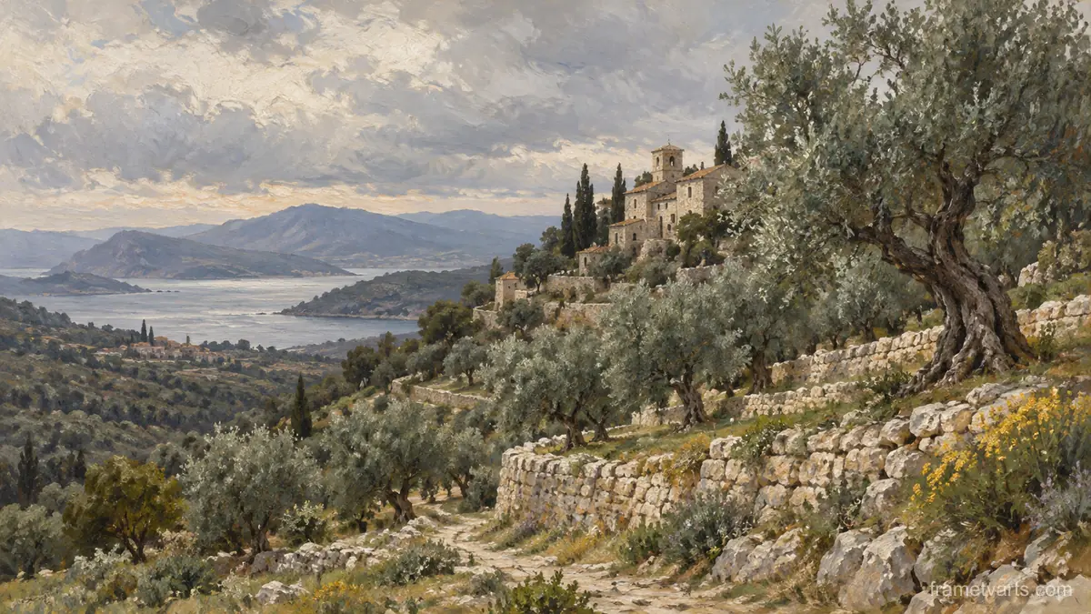 Olive grove on terraced limestone hills – tonal oil painting Samsung Frame TV art, 4K