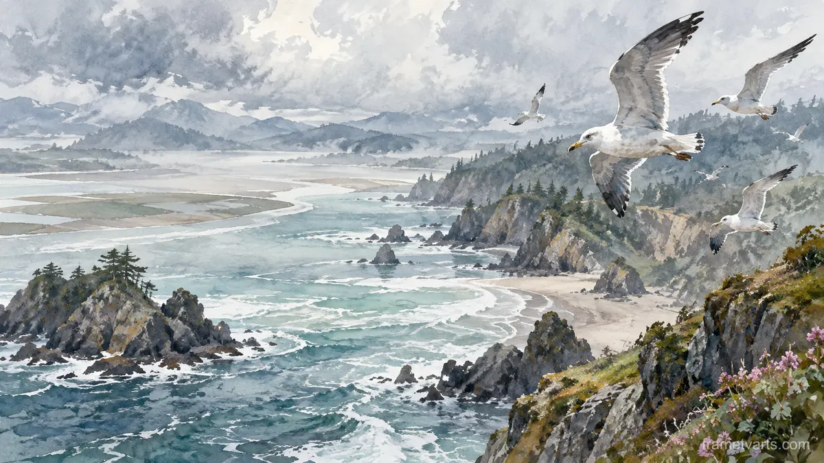 Seabirds above a sweeping coastal inlet – coastal watercolor Samsung Frame TV art, 4K