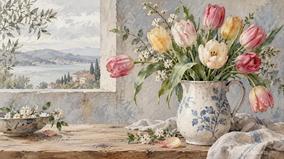 Tulips in an asymmetrical spring arrangement – botanical watercolor Samsung Frame TV art, 4K