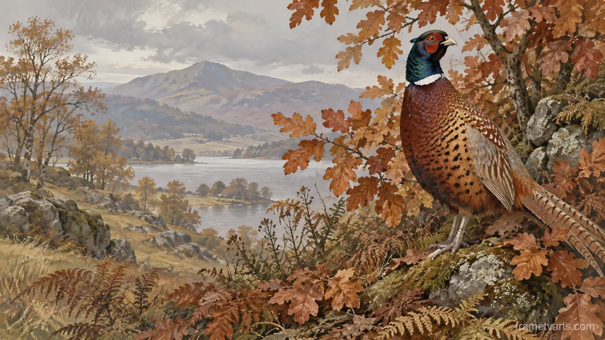 Pheasant among copper leaves – naturalist gouache Samsung Frame TV art, 4K
