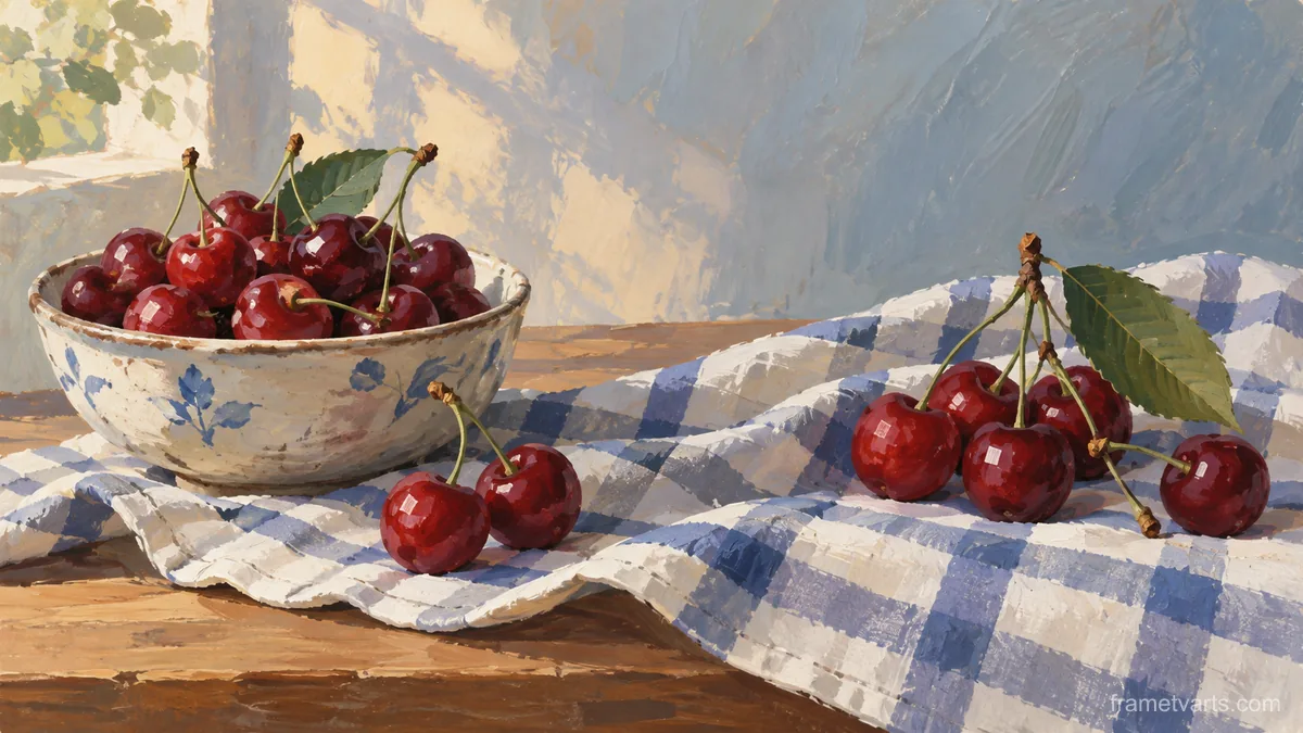 Cherries on a folded checked cloth – modern gouache still life Samsung Frame TV art, 4K