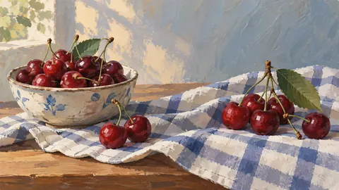 Cherries on a folded checked cloth – modern gouache still life Frame TV art
