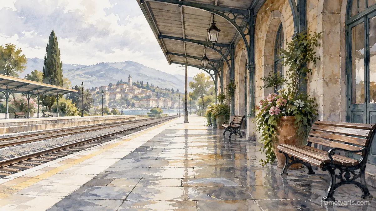 Sunlit train station platform without signage – architectural watercolor Samsung Frame TV art, 4K