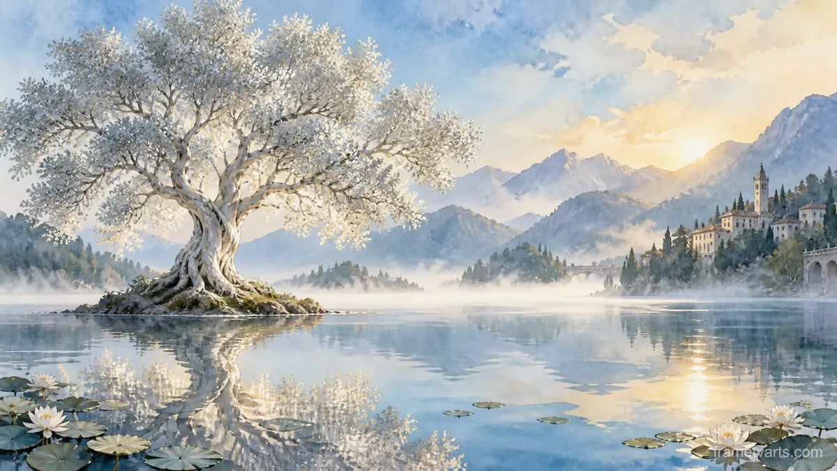 Silver tree growing from a still lake – dreamlike watercolor Samsung Frame TV art, 4K