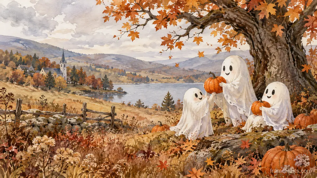 Halloween friendly ghosts in an autumn meadow – elegant watercolor Samsung Frame TV art, 4K