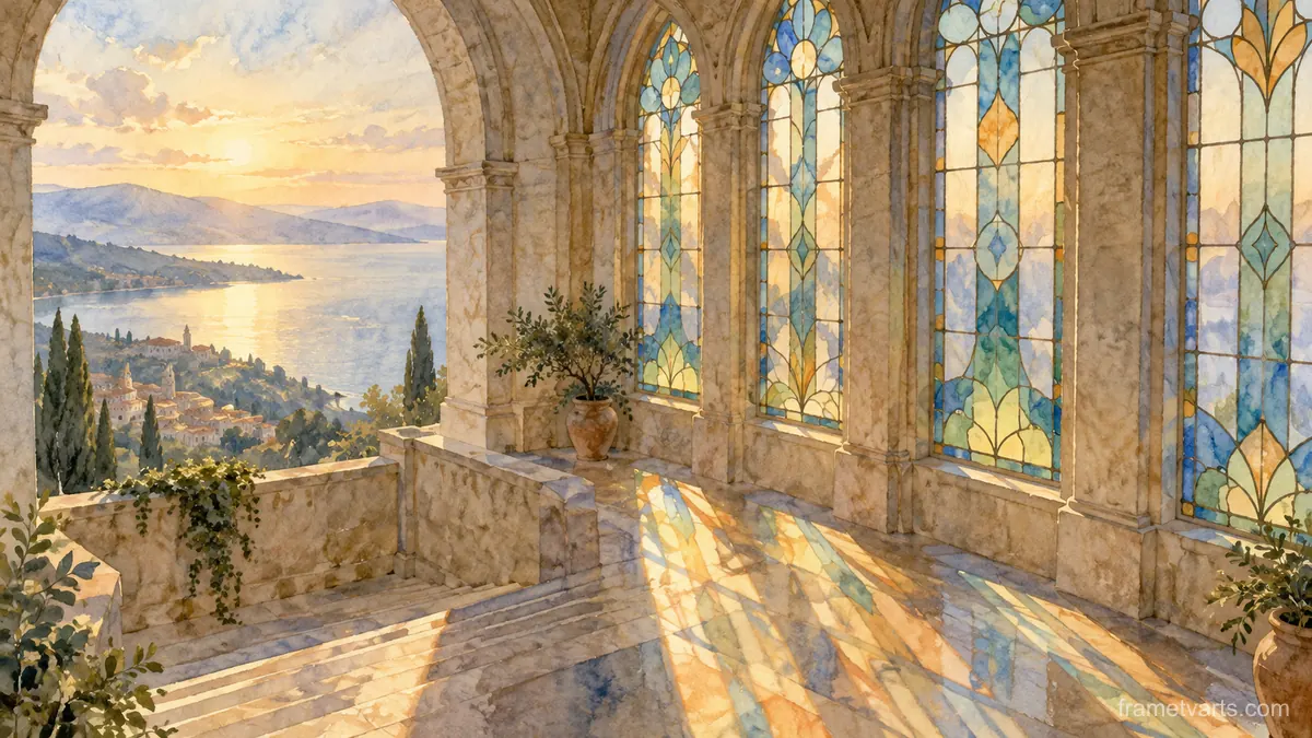 Sunlight through simple stained glass without figures – subtle watercolor Samsung Frame TV art, 4K