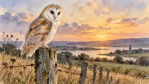 Barn owl on a weathered fence post – loose watercolor Frame TV art