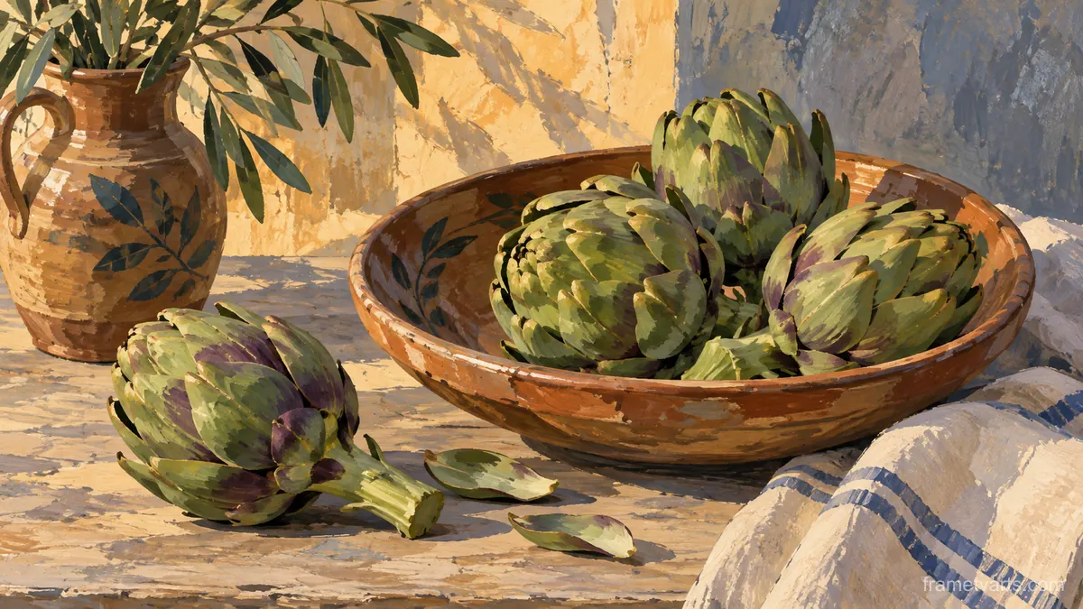 Artichokes and an earthenware plate – modern gouache still life Samsung Frame TV art, 4K