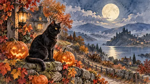 Halloween black cat with pumpkins beneath moonlight – elegant watercolor Frame TV art