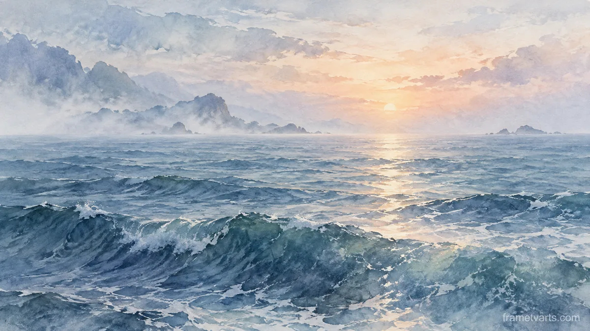 Open sea and distant horizon in soft mist – subtle watercolor Samsung Frame TV art, 4K
