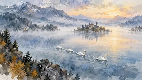 White swans crossing a misty lake – loose watercolor Frame TV art
