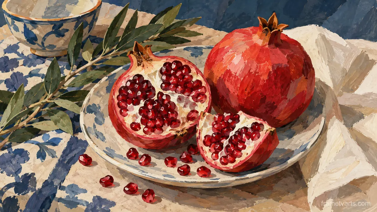 Pomegranate split beside whole fruit – modern gouache still life Samsung Frame TV art, 4K