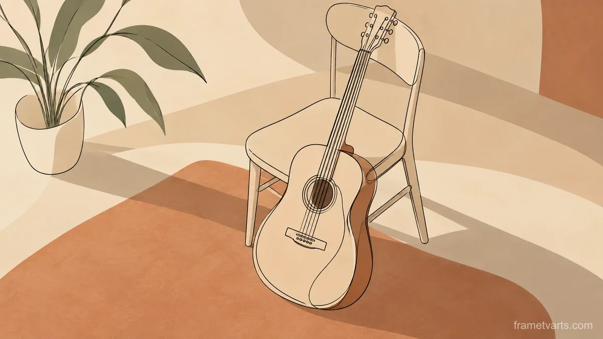 Acoustic guitar leaning against a plain chair – minimal continuous-line illustration Samsung Frame TV art, 4K
