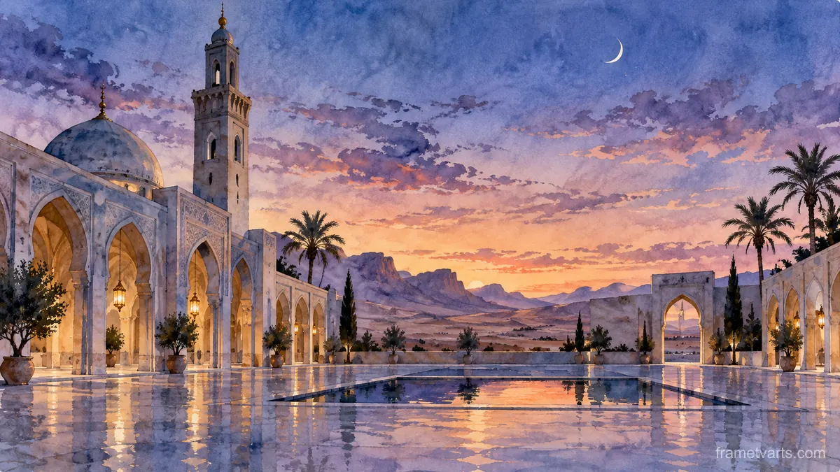 Desert prayer courtyard without people or lettering – subtle watercolor Samsung Frame TV art, 4K