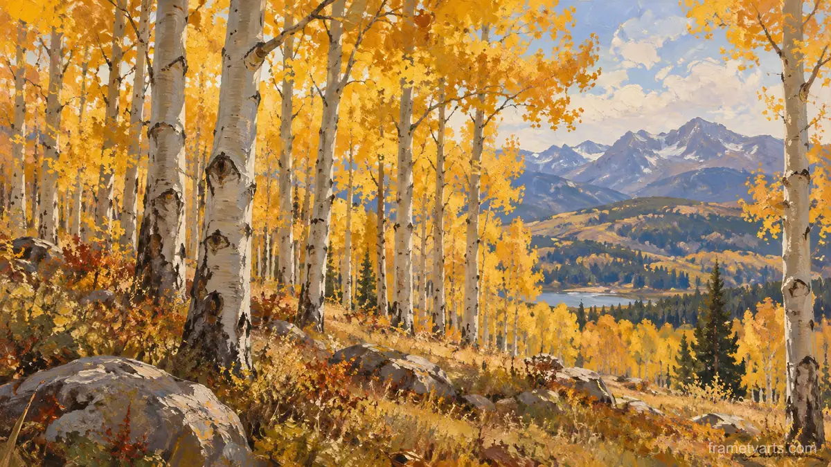 Aspen grove in autumn sunlight – tonal oil painting Samsung Frame TV art, 4K
