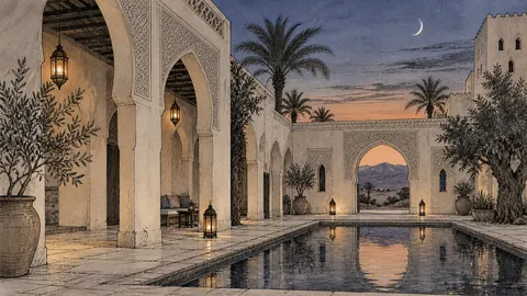 Desert courtyard with carved plaster arches – architectural ink drawing Frame TV art