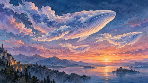 Cloud-shaped whales crossing a twilight sky – dreamlike watercolor Frame TV art