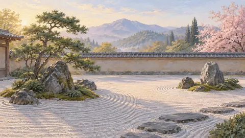 Pastel & soft Frame TV art – Quiet zen rock garden with carefully raked sand, soft pastel landscape