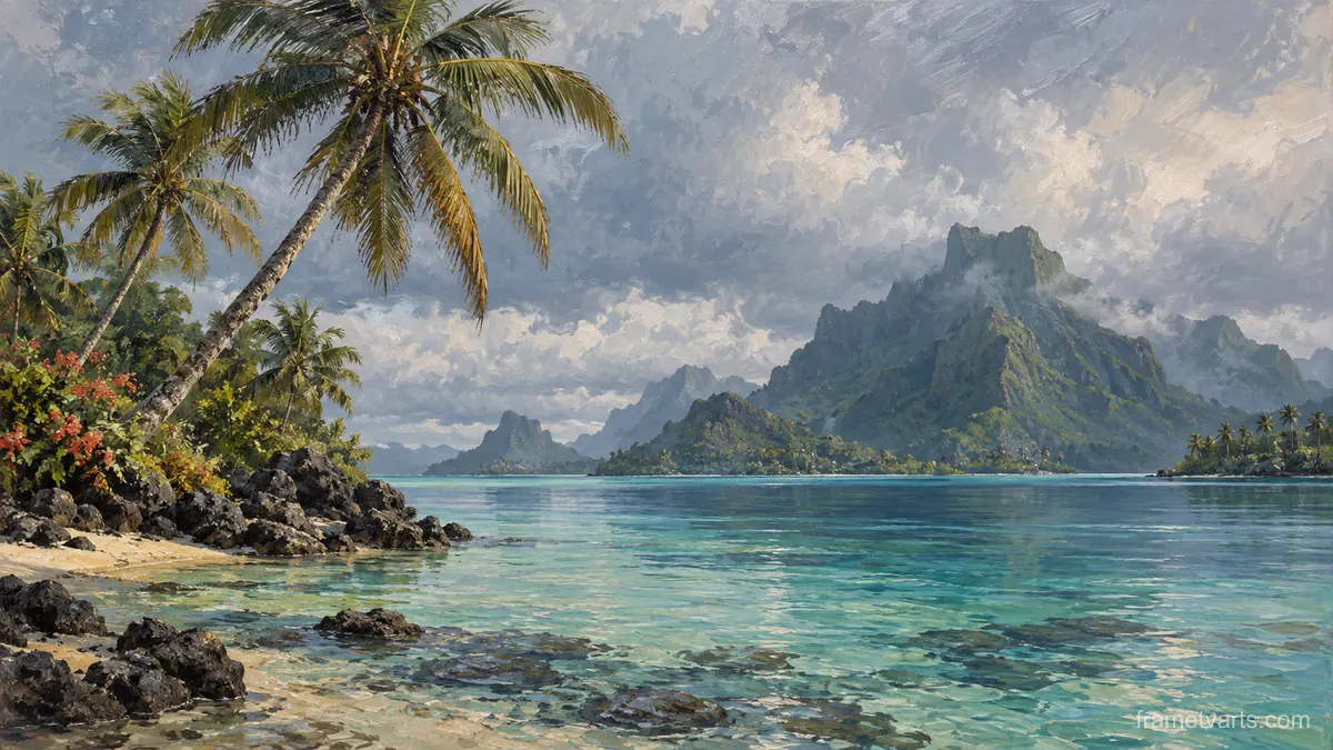 Tropical lagoon beneath leaning palms – atmospheric oil painting Samsung Frame TV art, 4K