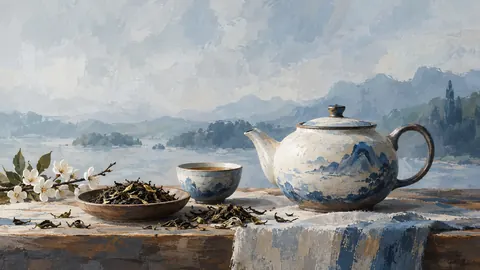 Teapot and loose tea leaves – modern gouache still life Frame TV art