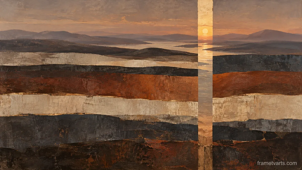 Horizontal bands interrupted by a vertical slit – earth-tone textured abstraction Samsung Frame TV art, 4K