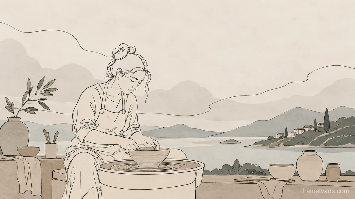 Potter shaping a bowl at a wheel – minimal continuous-line illustration Samsung Frame TV art, 4K