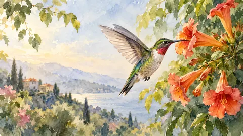 Hummingbird hovering beside trumpet flowers – loose watercolor Frame TV art