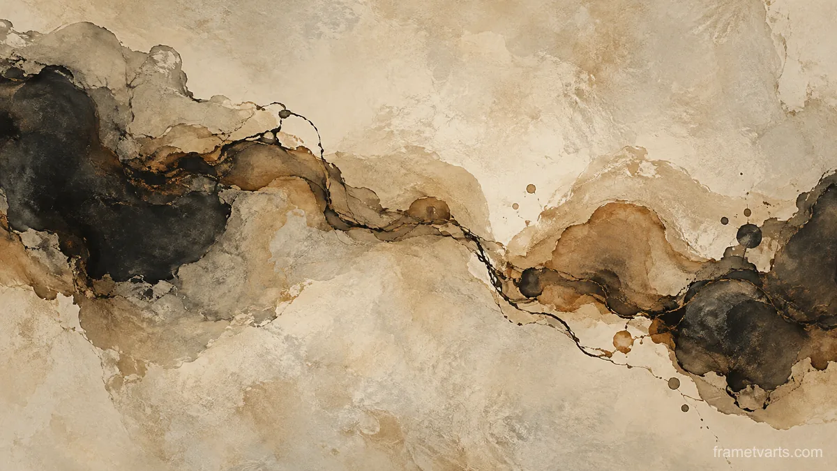 Freeform ink pools connected by fine trails – earth-tone textured abstraction Samsung Frame TV art, 4K