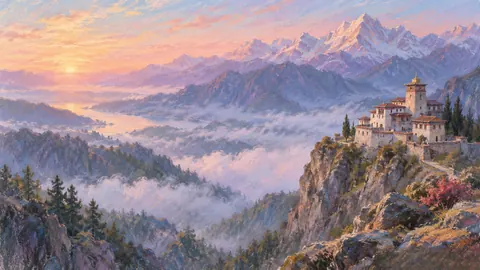 Mountain monastery at dawn – soft pastel landscape Frame TV art
