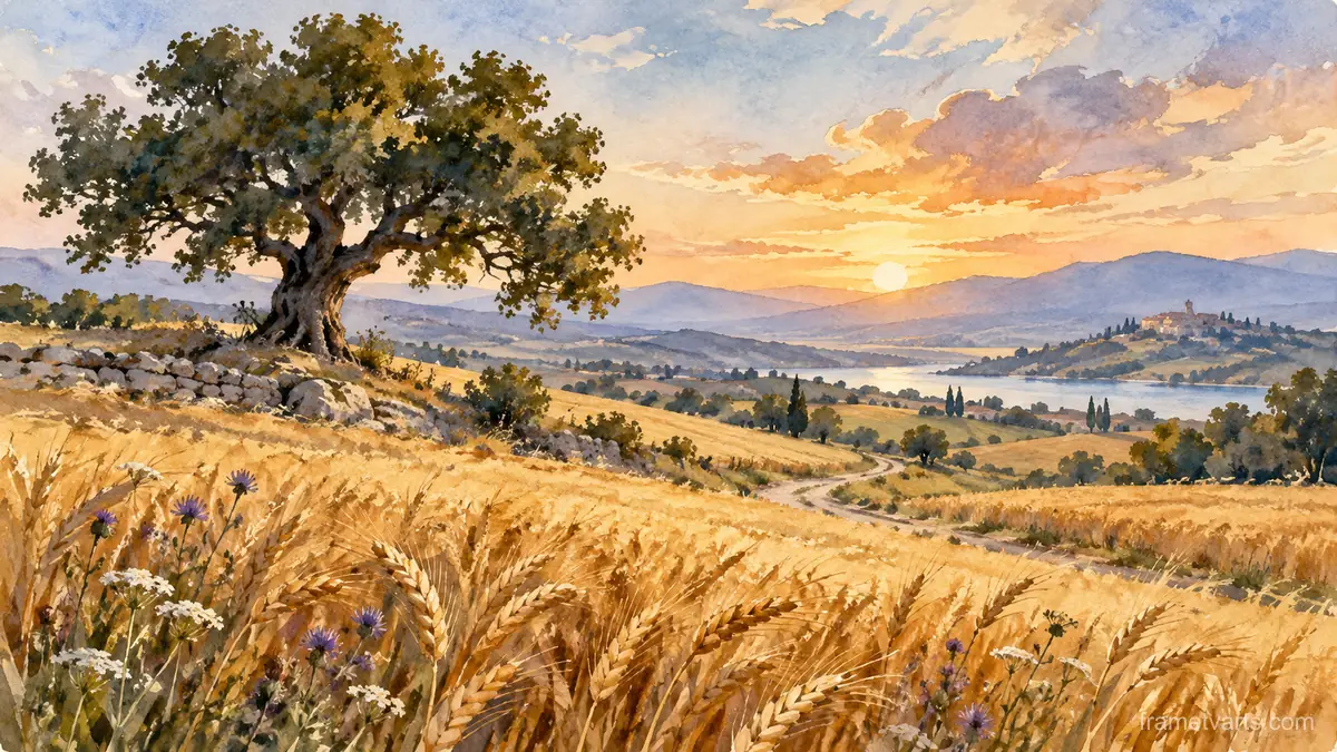 Golden wheat field and lone oak – loose watercolor Samsung Frame TV art, 4K