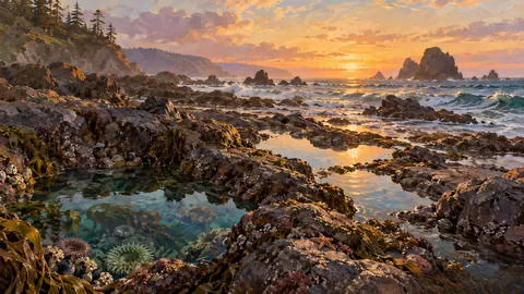 Tide pools scattered across rocky shore – atmospheric oil painting Frame TV art