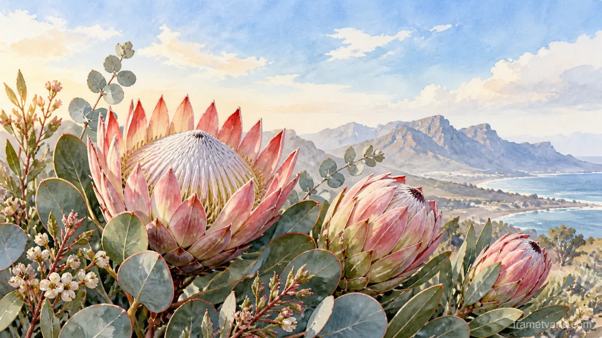 Protea flowers with sculptural foliage – botanical watercolor Samsung Frame TV art, 4K