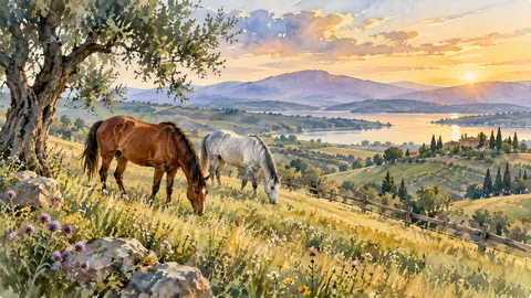 Two horses grazing on rolling pasture – loose watercolor Frame TV art