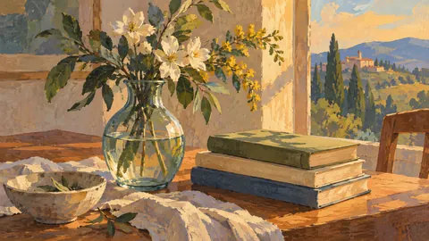 Glass vase beside stacked unmarked books – modern gouache still life Frame TV art