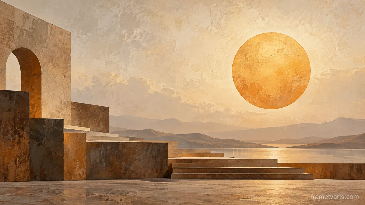 Sunlike disk above abstract architectural steps – earth-tone textured abstraction Samsung Frame TV art, 4K